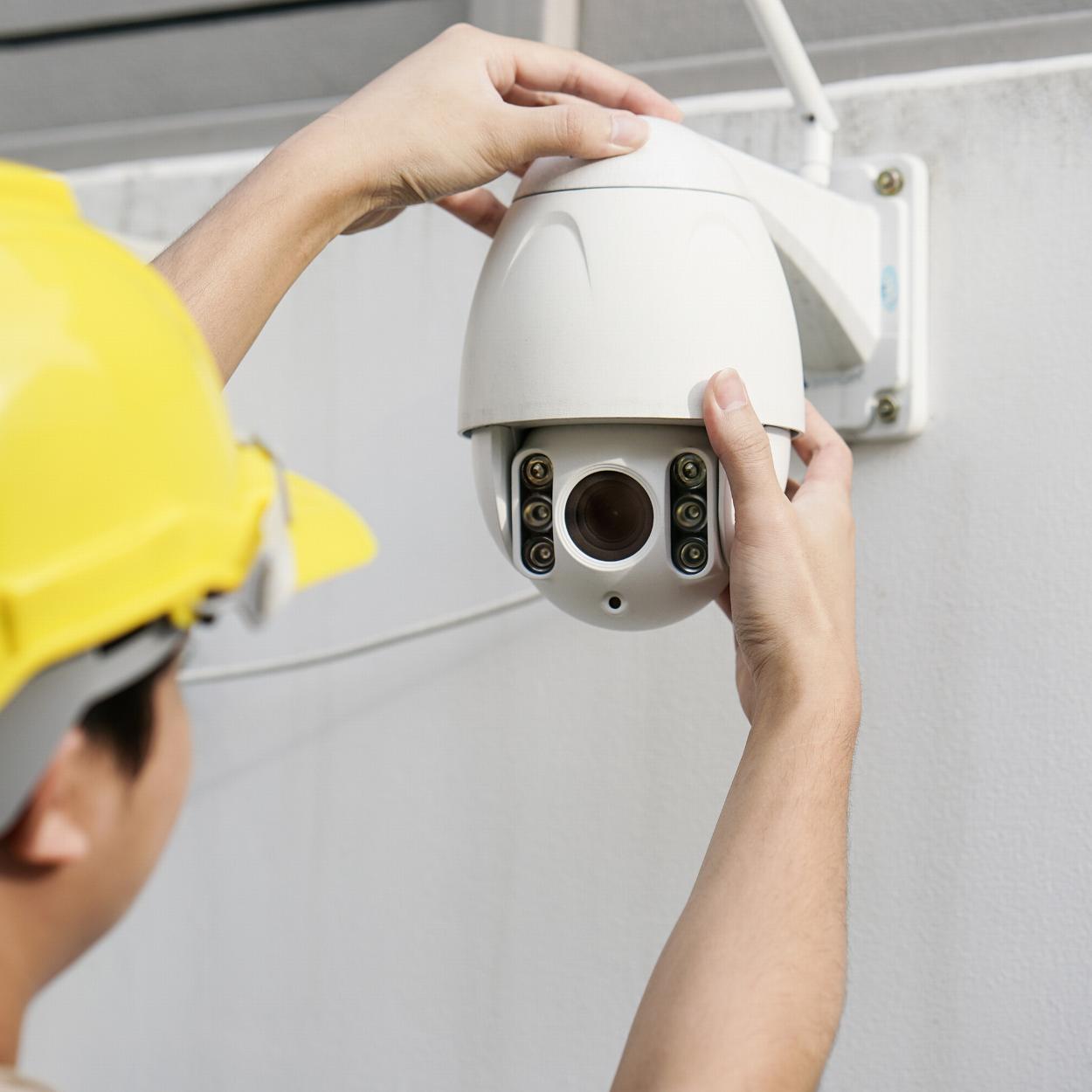 Man installing security camera on wall